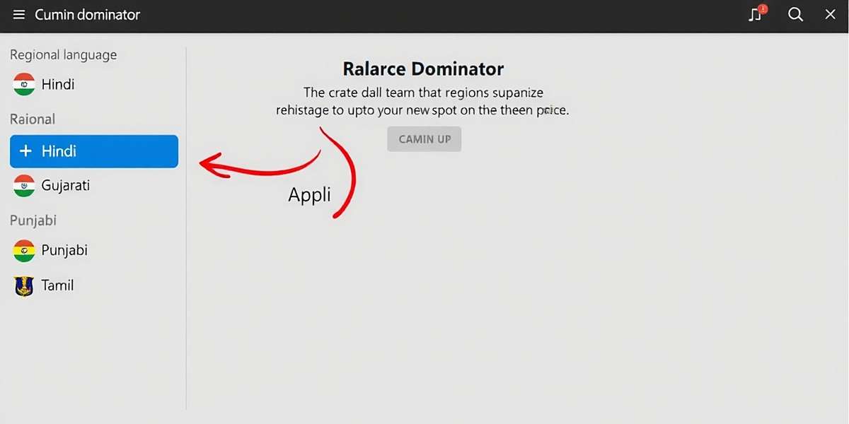 Cumin Dominator Regional Localization Cumin Dominator interface showing regional language options including Hindi, Gujarati, Punjabi, and Tamil